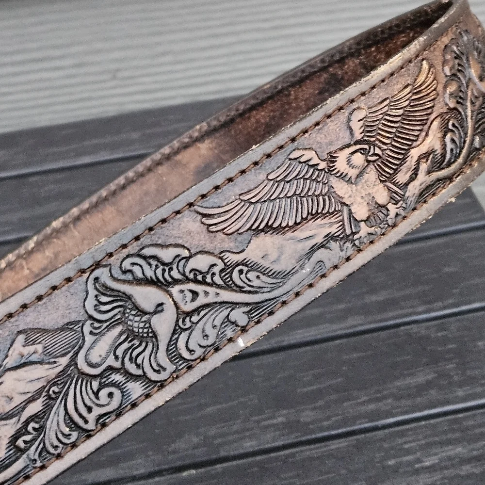 Chambers Top Grain Leather Hand Tooled Belt Eagle Mountains Brass Buckle USA 38